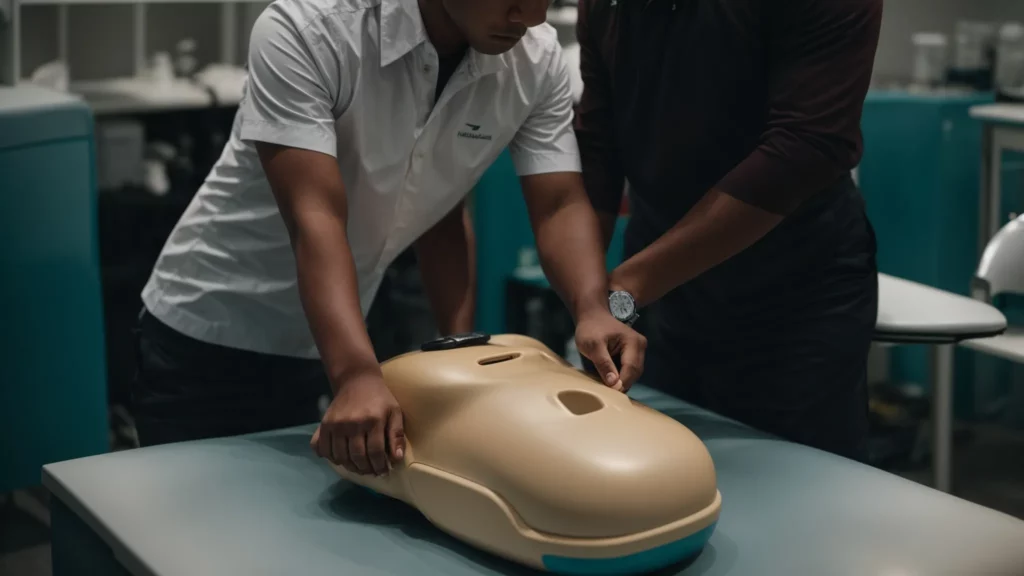 a person is practicing chest compressions on a cpr training mannequin.