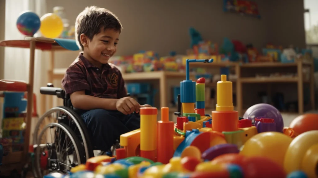 a young boy in a wheelchair smiles as he plays with colorful toys.
