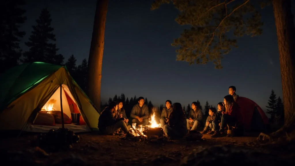 a family gathered around a campfire under a starry sky with tents nestled in the surrounding forest.