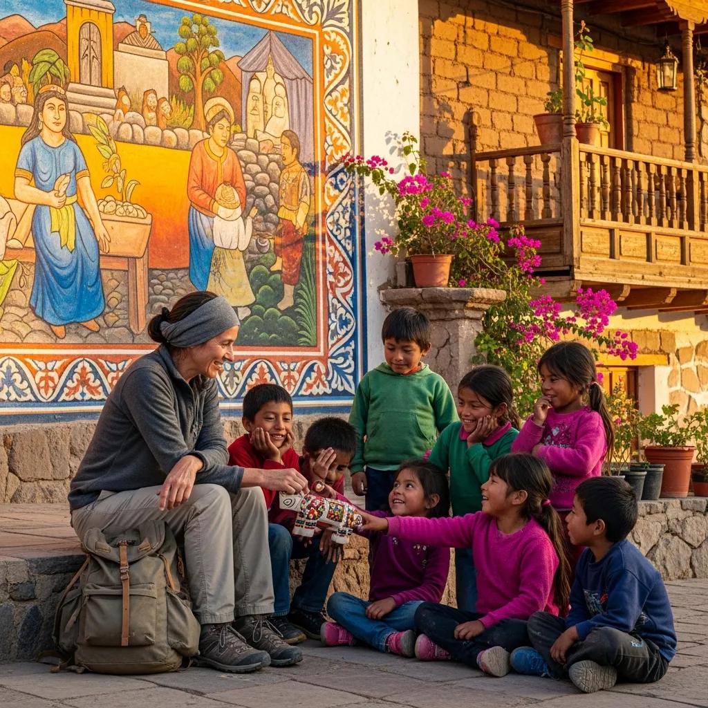 Traveler sharing stories with local children to inspire community engagement