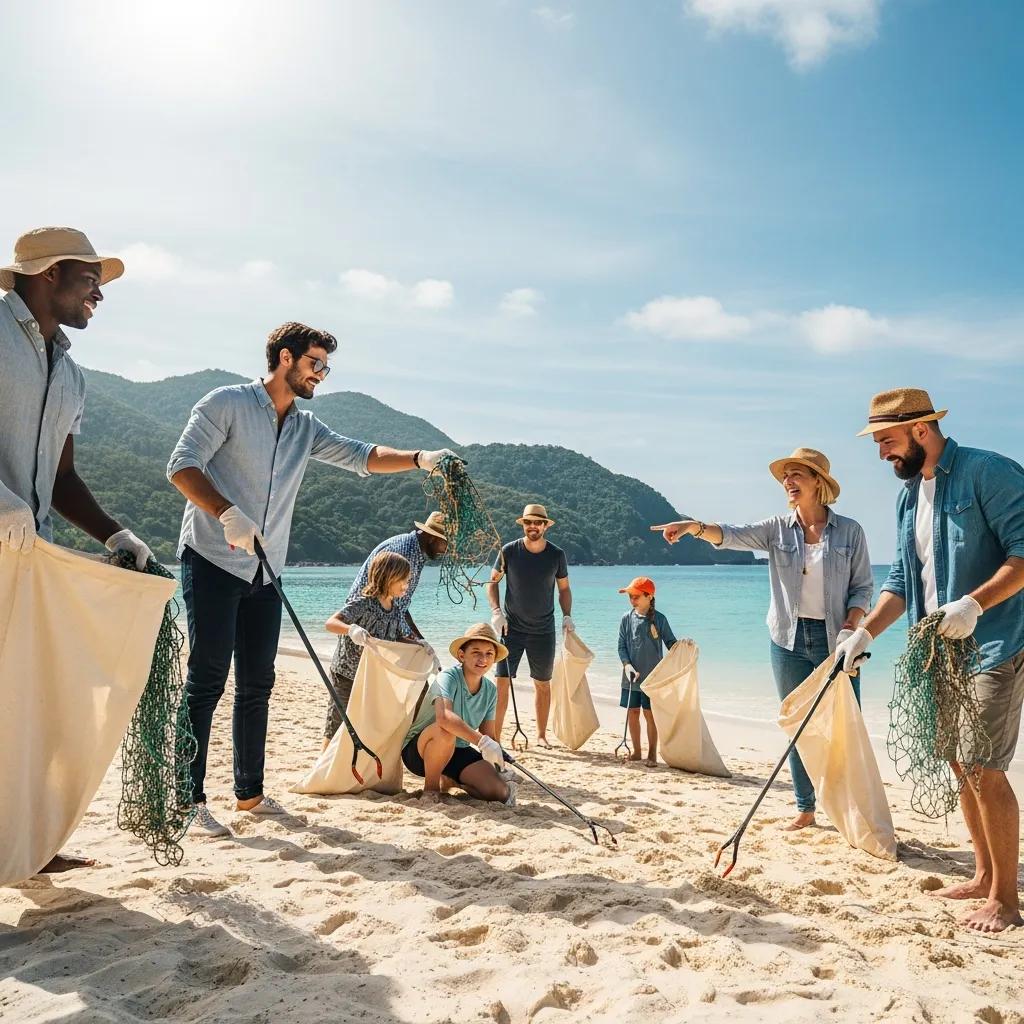 Travelers participating in a beach cleanup to promote sustainable tourism