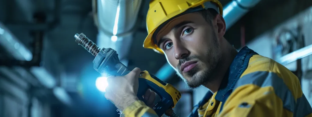 a professional business technician wielding a drain cleaning tool.