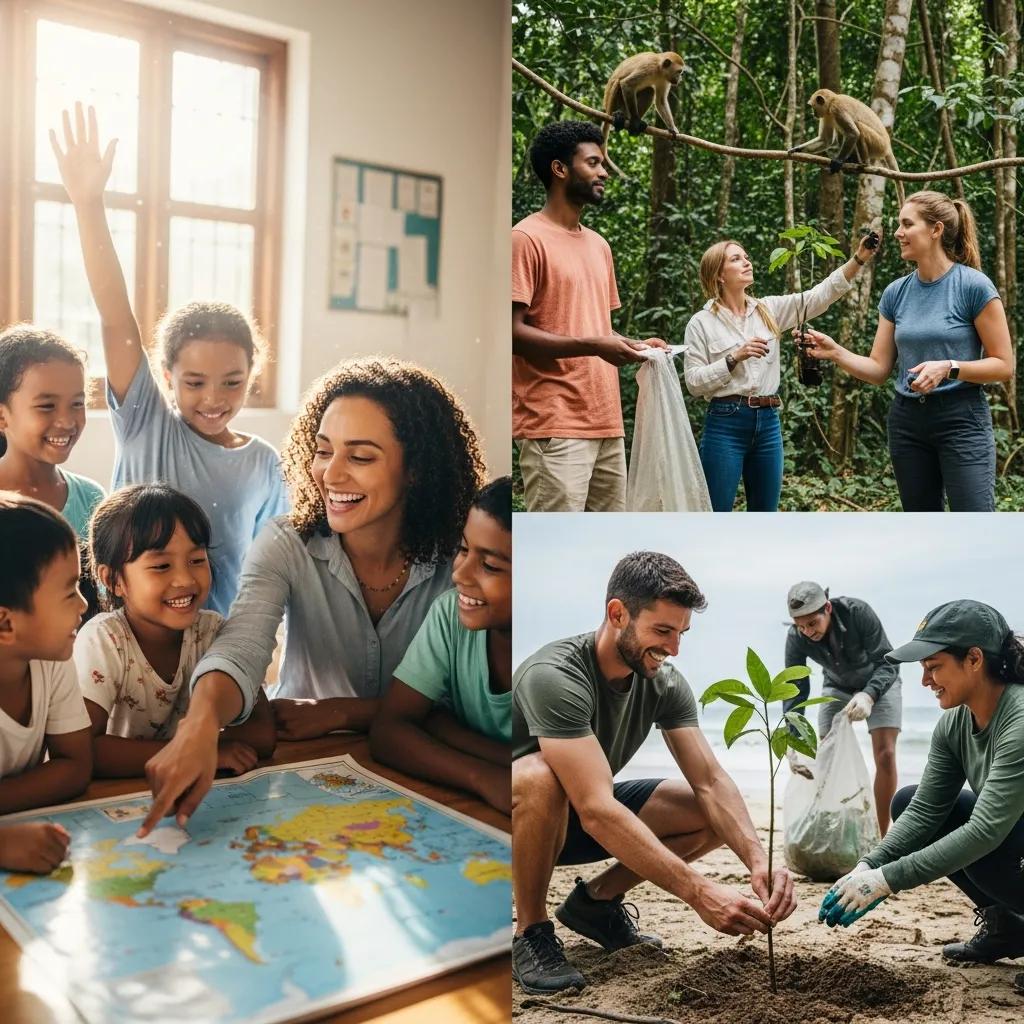 Travelers volunteering in a classroom, showcasing the joy of travel philanthropy