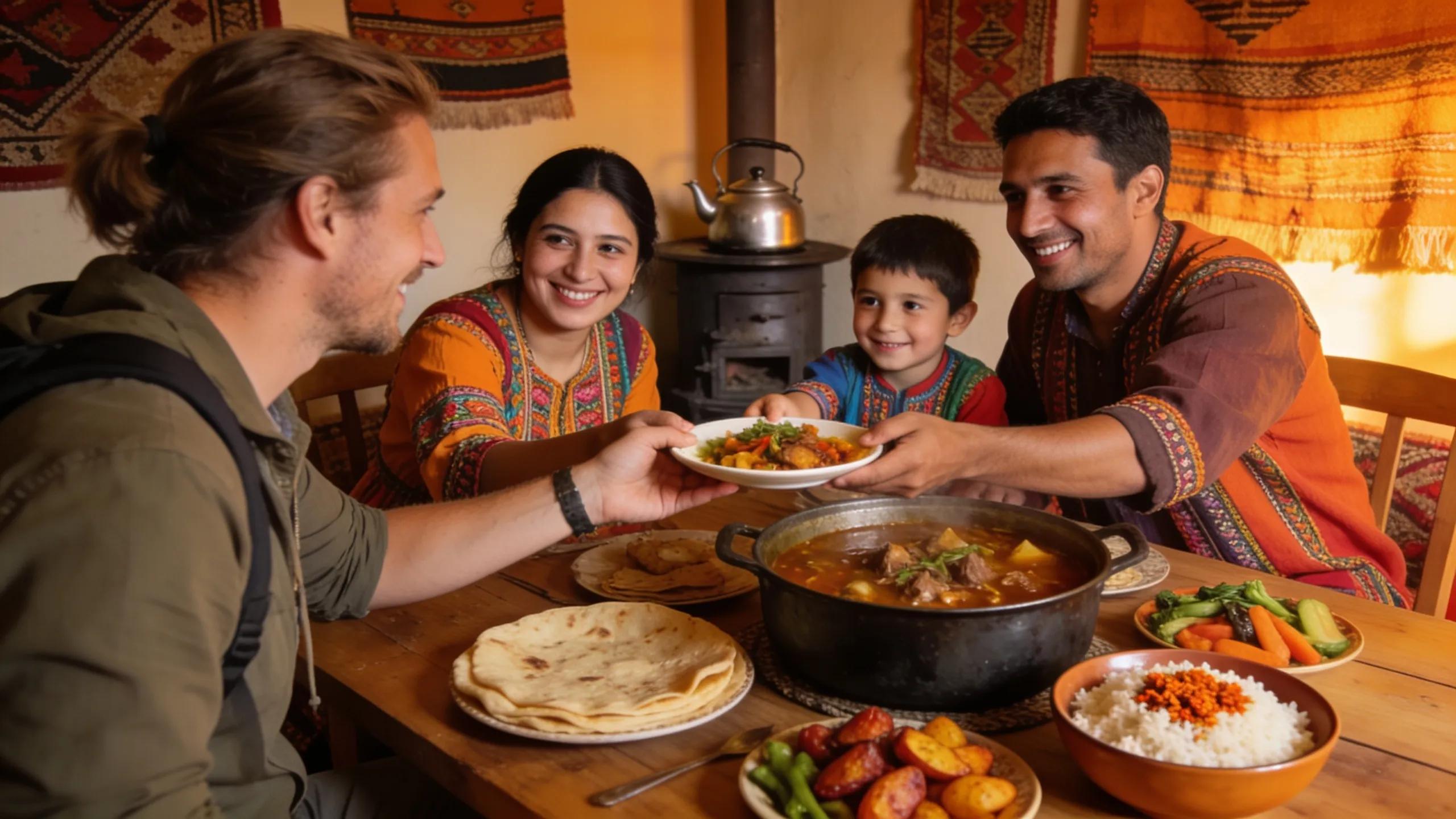 Traveler sharing a meal with a local family during voluntourism experience