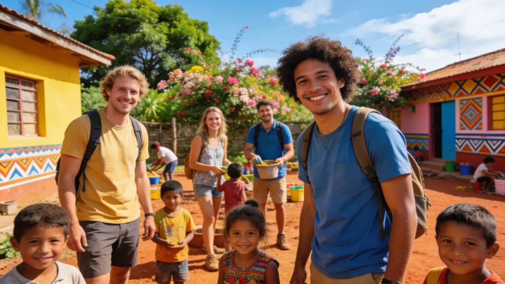 Group of travelers engaging in voluntourism project with local community